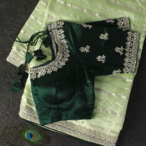 Pure lemon green silk Maslin sharee with designer contrast blouse 